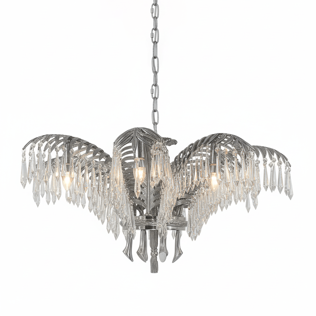Nickel Clérachic chandelier seen from slightly above, with wide-spread leaves, crystal drops and a chain.