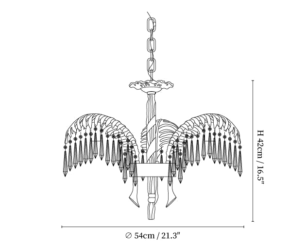 Clérachic chandelier dimension drawing, 1 of 4, every measurement marked in centimetres and inches.