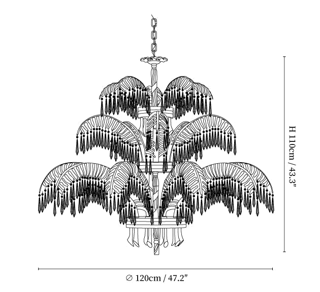 Clérachic chandelier dimension drawing, 4 of 4, every measurement marked in centimetres and inches.