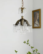A small Clérachic pendant with a bronze leaf shade and crystal fringe hangs by a framed portrait, with a green sprig below.