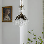 A Clérachic crystal pendant with a bronze leaf shade hangs on a chain beside a portrait, with green stems below.