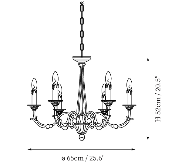 Clérachic pendant light dimension drawing, 1 of 3, every measurement marked in centimetres and inches.