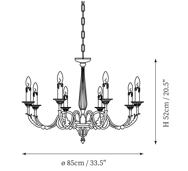 Clérachic pendant light dimension drawing, 2 of 3, every measurement marked in centimetres and inches.