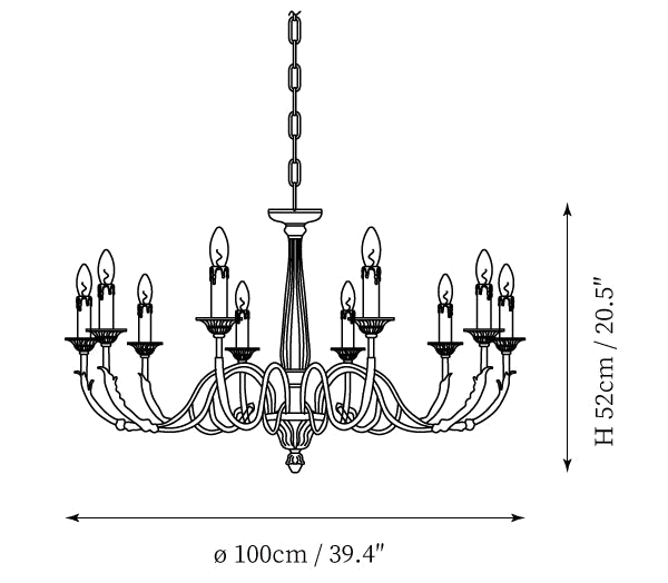 Clérachic pendant light dimension drawing, 3 of 3, every measurement marked in centimetres and inches.