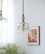 Clérachic crystal-drop pendant lit beside a second glass shade, with a framed print on a pale wall and a blurred green branch below.