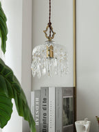 Clérachic crystal-drop pendant lit beside a tall green leaf and a stack of books on a shelf, with a wall mirror edge behind it.