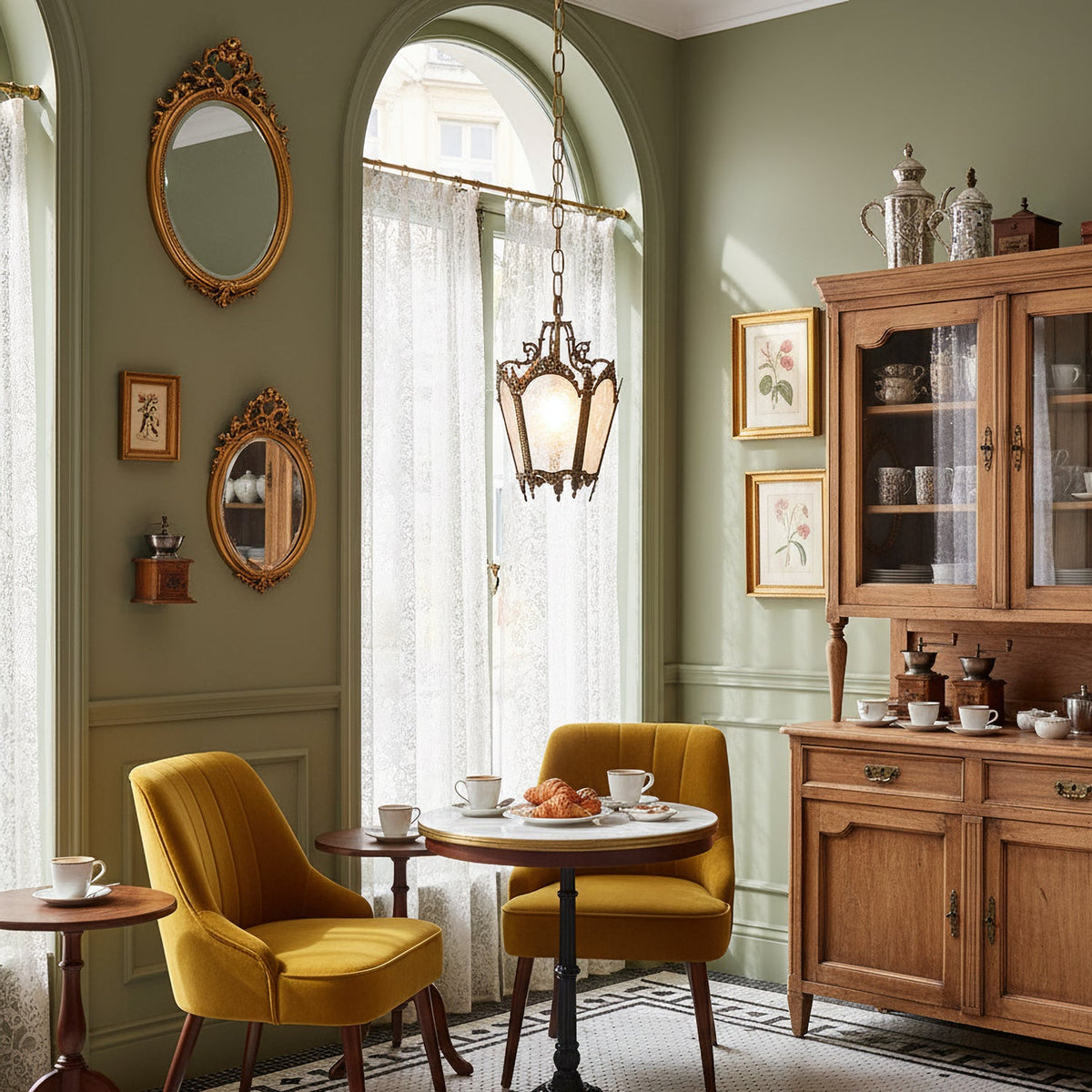 In a sage-green café-style room with an arched window, a Clérachic lantern pendant glows warm above a round table and mustard armchairs.