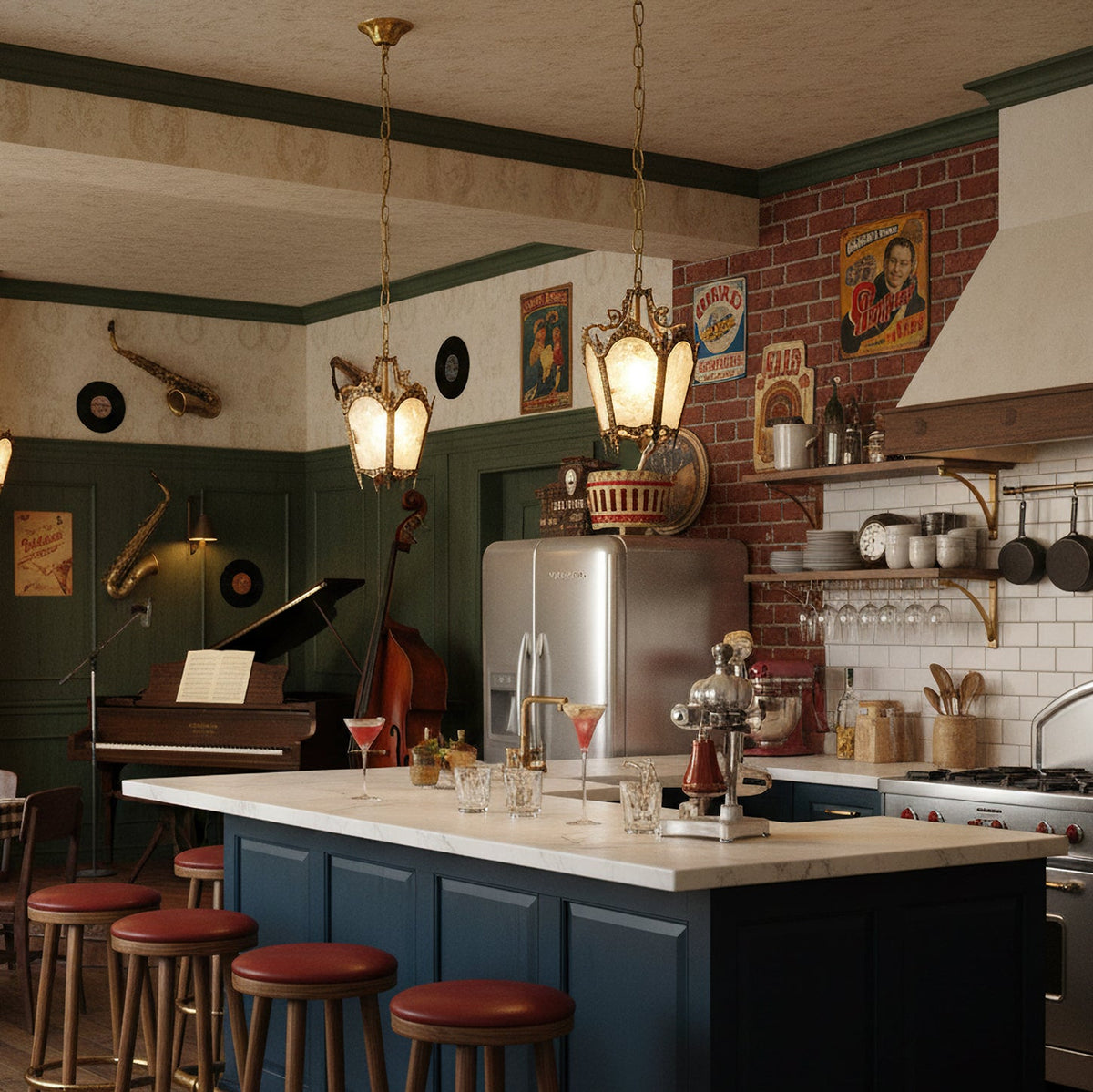 Two lit Clérachic lantern pendants hang above a kitchen island with red stools, in a room with a brick wall and a piano behind.