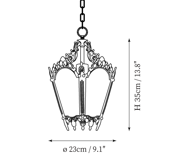 Clérachic pendant light dimension drawing, every measurement marked in centimetres and inches.