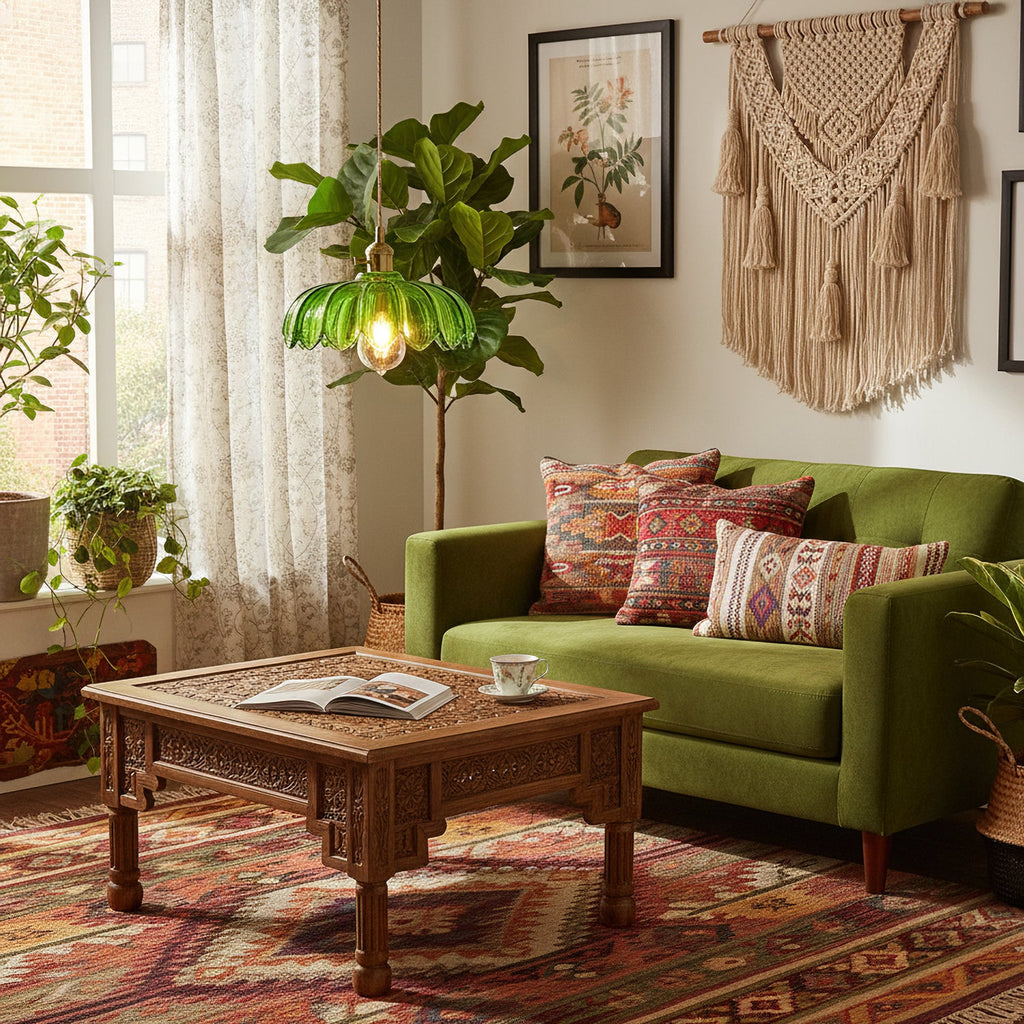 Green glass Clérachic pendant beside a leafy tree in a living room with a green sofa, a carved coffee table and a macramé wall hanging.