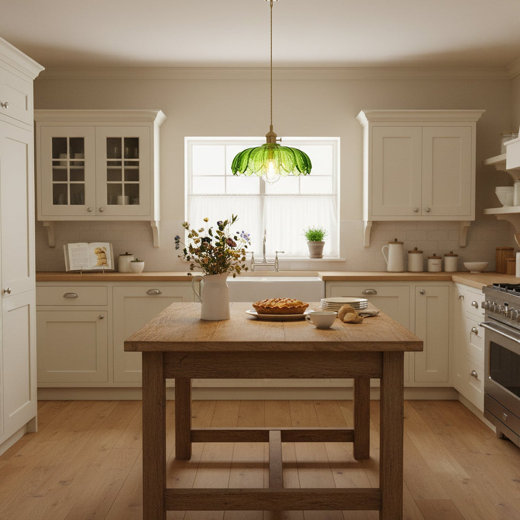 Small green Clérachic pendant glows over a window in a cream kitchen, beside a plain wooden island with a vase of dried flowers.