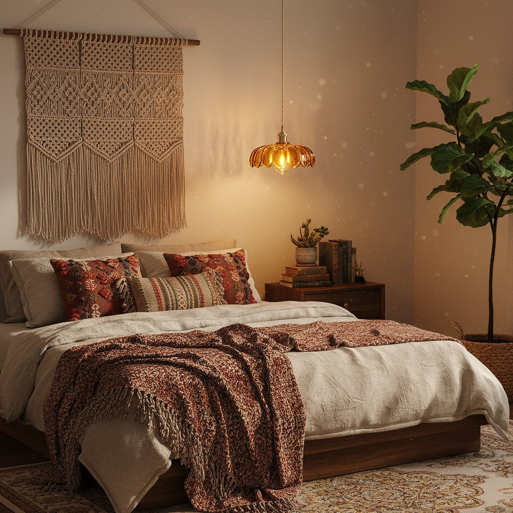 Amber glass Clérachic pendant lit above a bed with patterned red cushions and a macramé wall hanging, with a tall plant at the right.