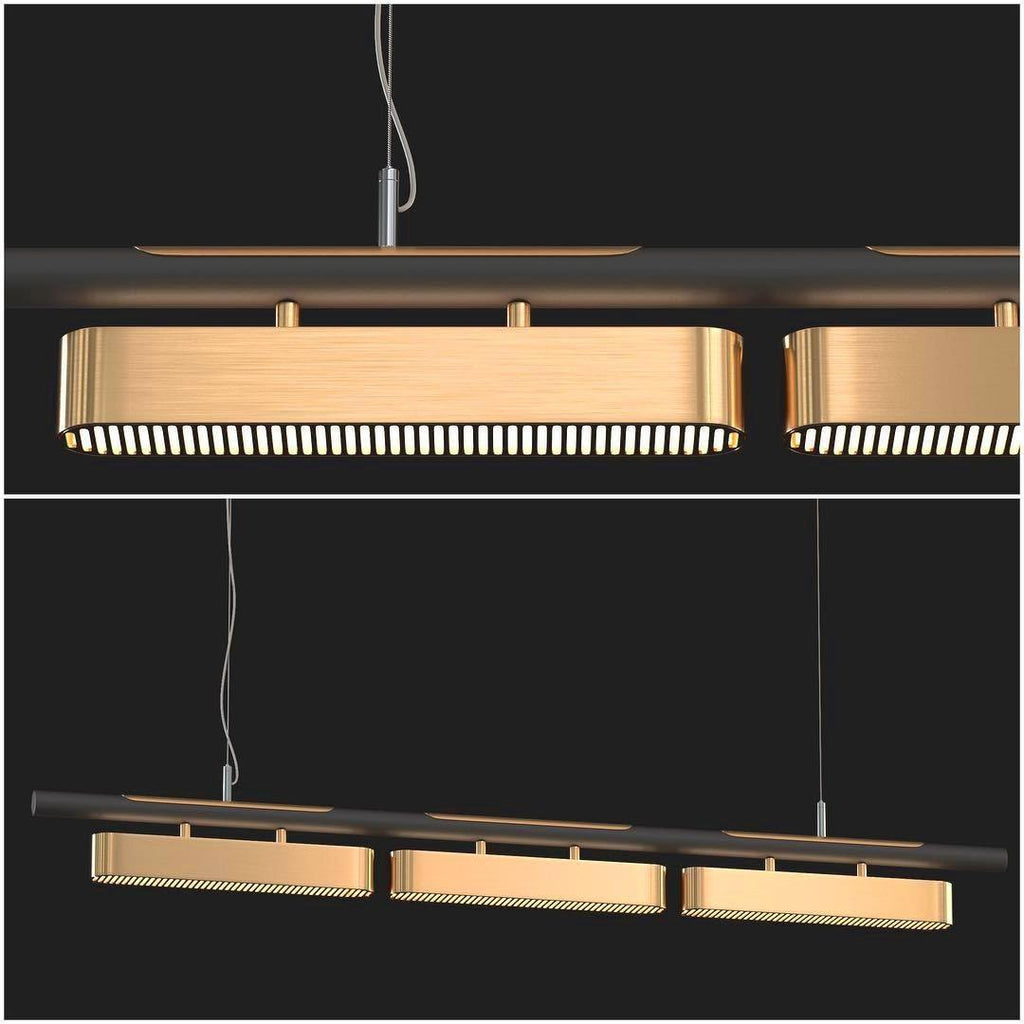 Two views of this Clérachic pendant on a dark backdrop, a close view of the slotted brass diffuser and a wider view of three heads.