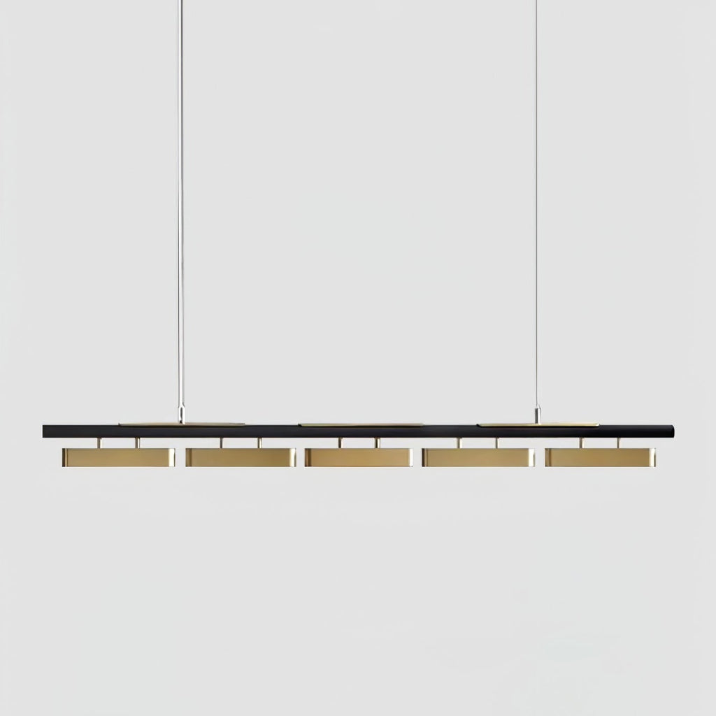 A five-head Clérachic linear pendant on a light grey backdrop, with a slim black bar and brass diffusers hung on two wires.