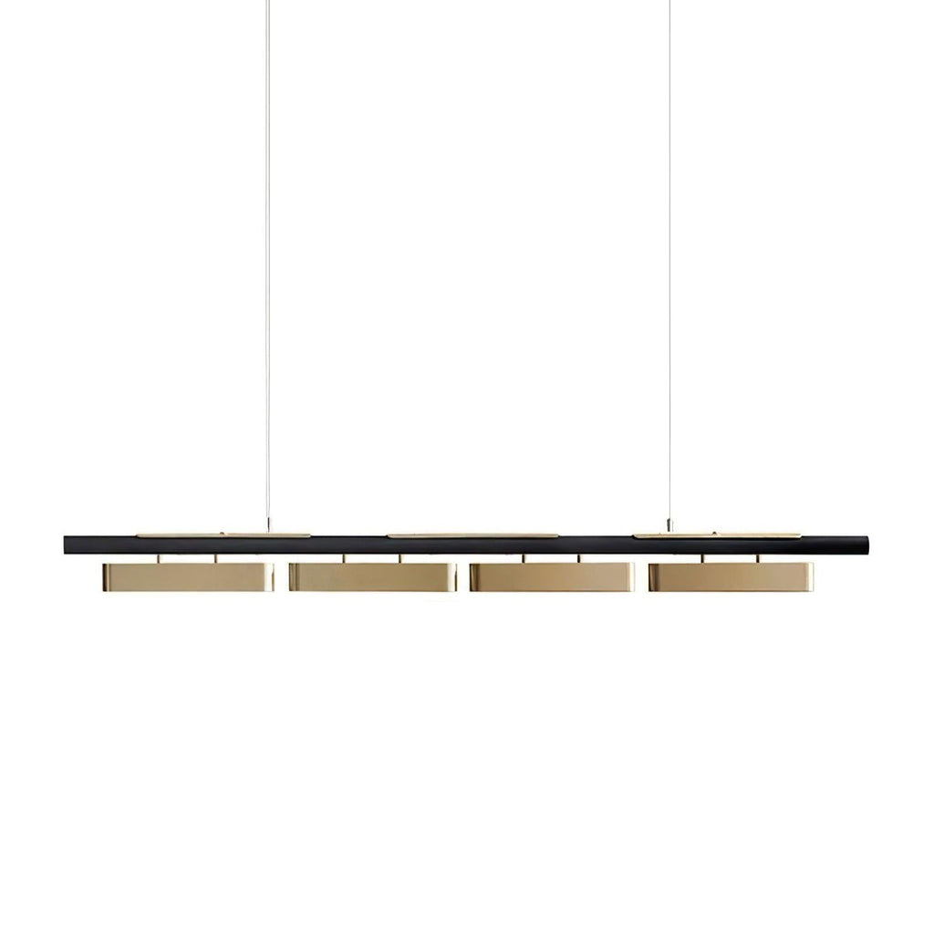 Straight-on view of a four-head Clérachic pendant on a white backdrop, with the black bar and brass diffusers on thin wires.