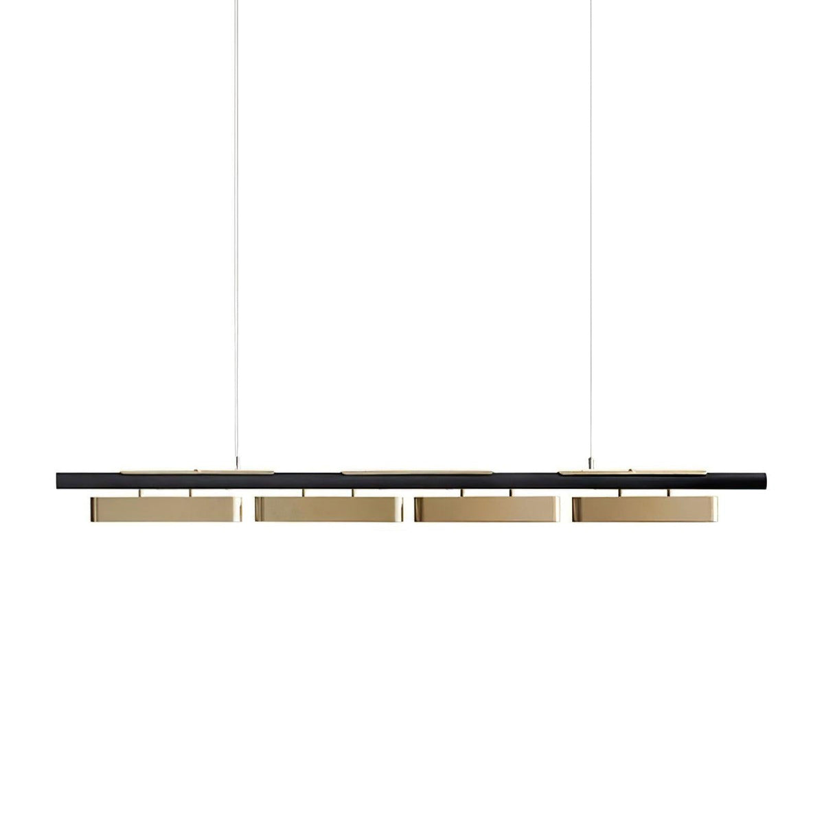 Straight-on view of a four-head Clérachic pendant on a white backdrop, with the black bar and brass diffusers on thin wires.