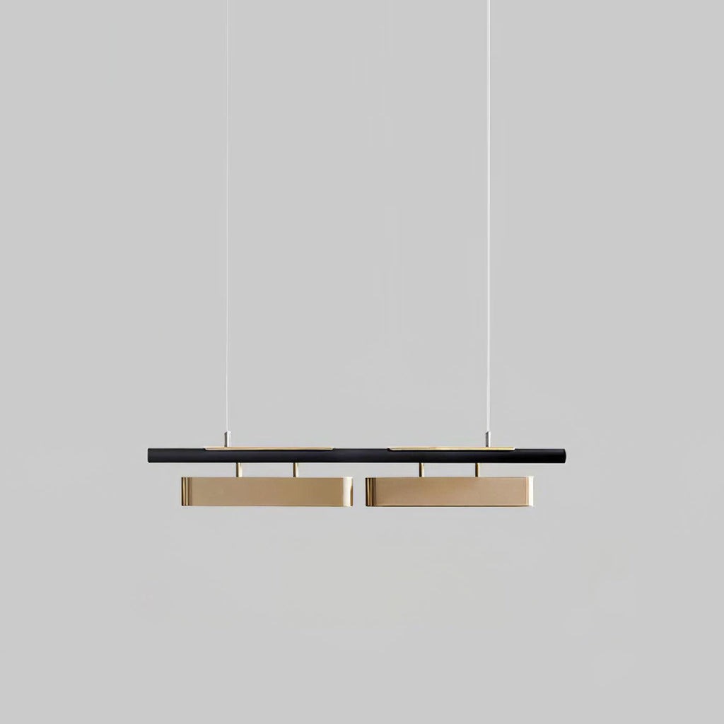 Two-head Clérachic linear pendant on a grey backdrop, with two longer brass diffusers beneath the black bar.
