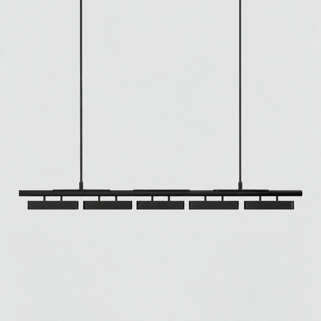 A five-head Clérachic linear pendant in all black, hung on two stiff rods against a pale grey backdrop.