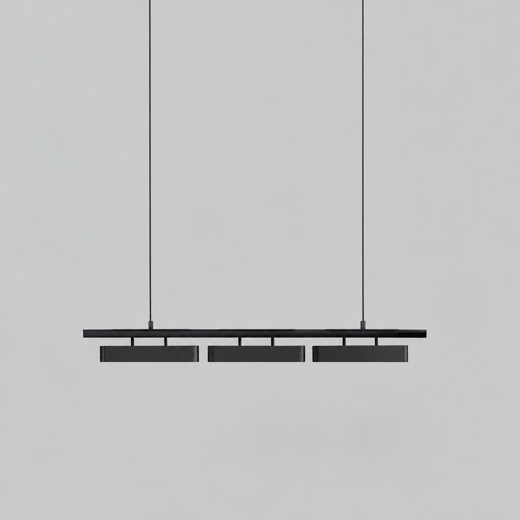 All-black three-head Clérachic linear pendant against a mid-grey backdrop, hung on two thin wires.
