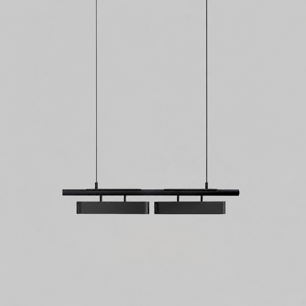 All-black two-head Clérachic linear pendant with larger diffusers, hung against a pale grey backdrop.