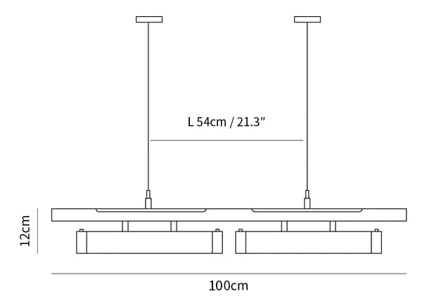 Dimension drawing of this Clérachic two-head linear pendant, with its length and height marked.