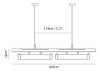 Dimension drawing of this Clérachic two-head linear pendant, with its length and height marked.