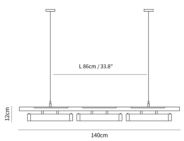 Dimension drawing of this Clérachic three-head linear pendant, with its length and height marked.