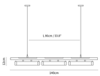 Dimension drawing of this Clérachic three-head linear pendant, with its length and height marked.