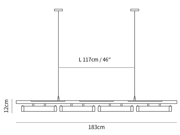 Dimension drawing of this Clérachic four-head linear pendant, with its length and height marked.