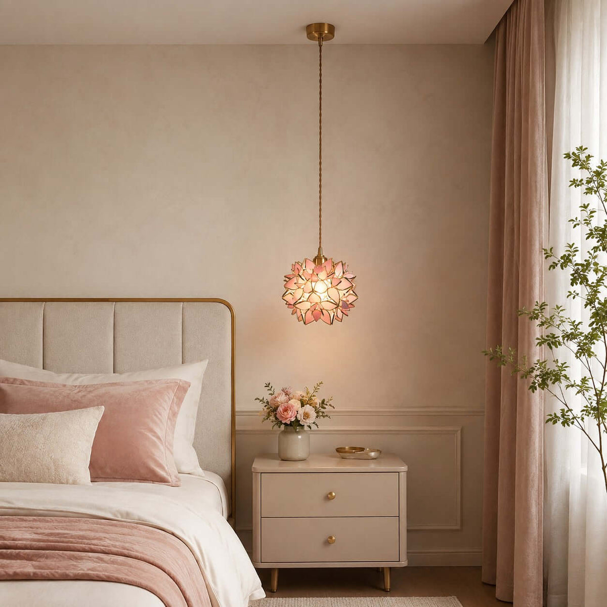 Pink Clérachic petal pendant lit beside a bed with a cream headboard, rose cushions and a pot of pink flowers on the nightstand.