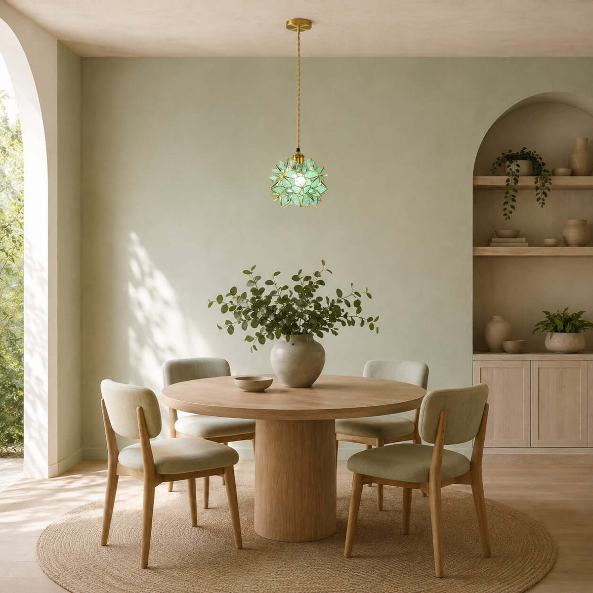 A green glass petal Clérachic pendant hangs over a round wooden table in a sage-green room with shelving in an arched alcove.