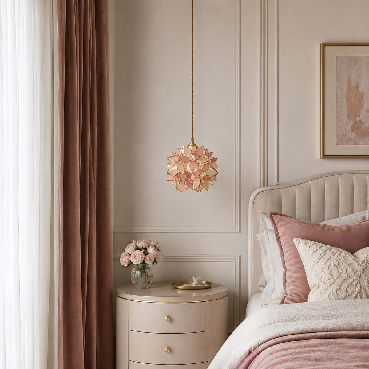 Clérachic pendant with soft pink petals hangs by a dusty-rose curtain, above a round bedside table and a bed with pink bedding.