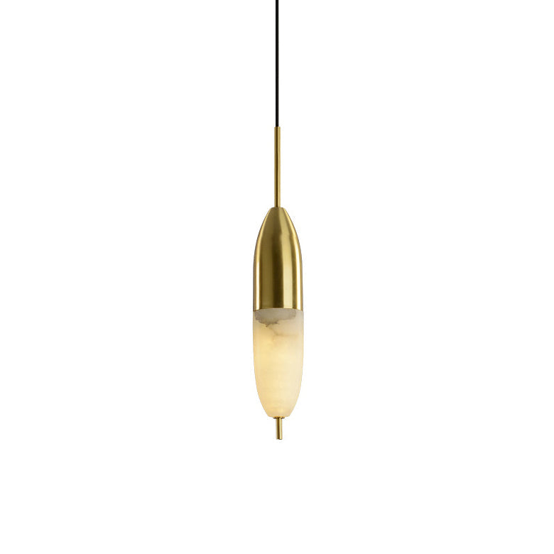 Clérachic Brass Pendant Light on white: tall slim brass cap over a glowing Spanish alabaster shade with a brass tip.