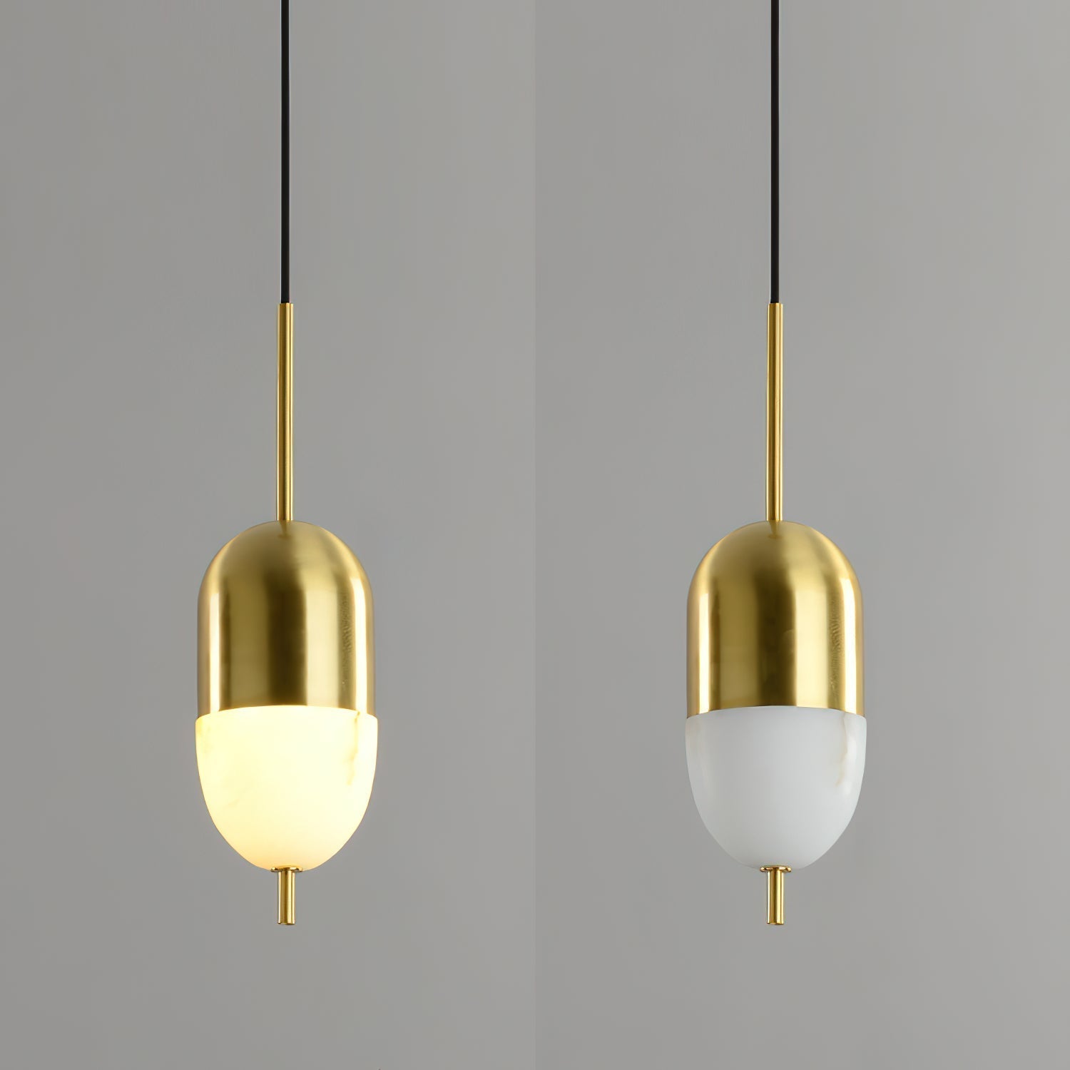 Clérachic Brass Pendant Light in the rounded shade: warm LED glow on the left, cool LED on the right.