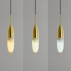 Three slim Clérachic Brass Pendant Lights, LED colour stepping from warm gold through cooler white.