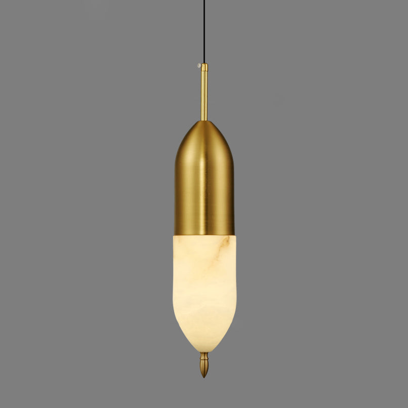 Tall slim Clérachic Brass Pendant Light on grey: brass upper half, tapered glowing alabaster, pointed brass finial.