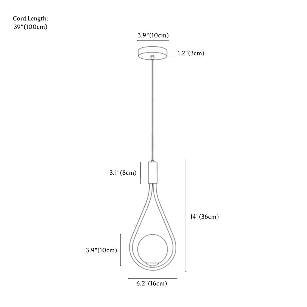 Clérachic pendant light dimension drawing, every measurement marked in centimetres and inches.