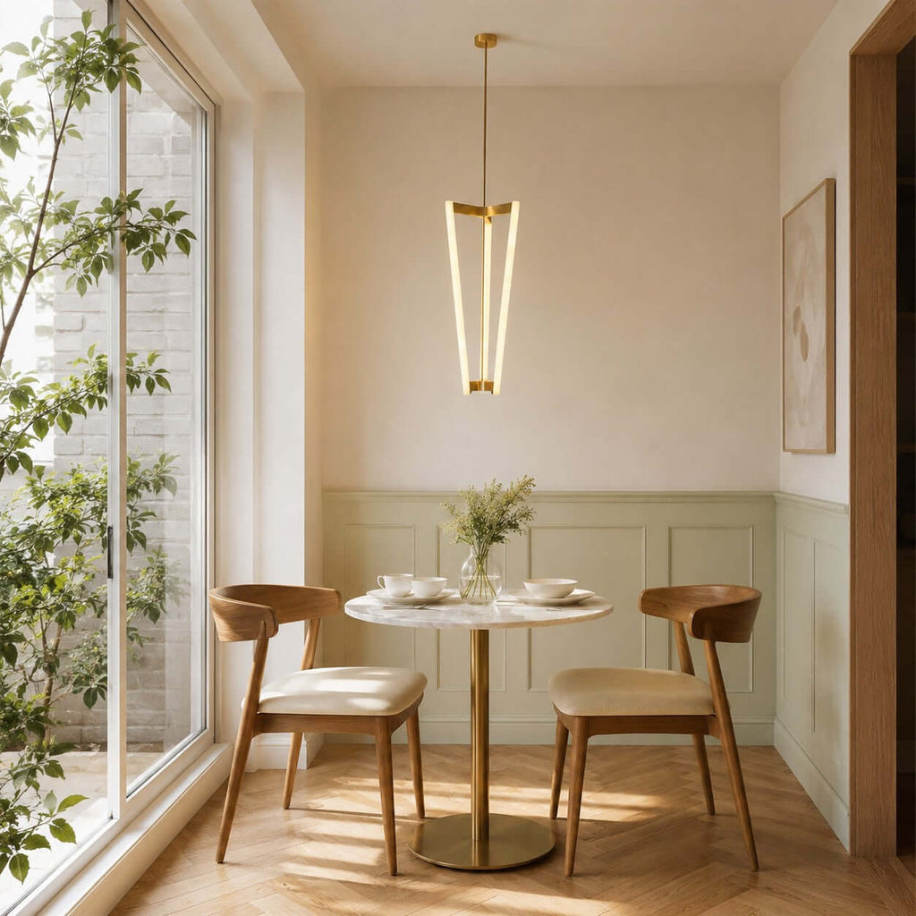 In a sunny nook with a small round table and two wooden chairs, a Clérachic pendant hangs on a brass rod beside a glass door.