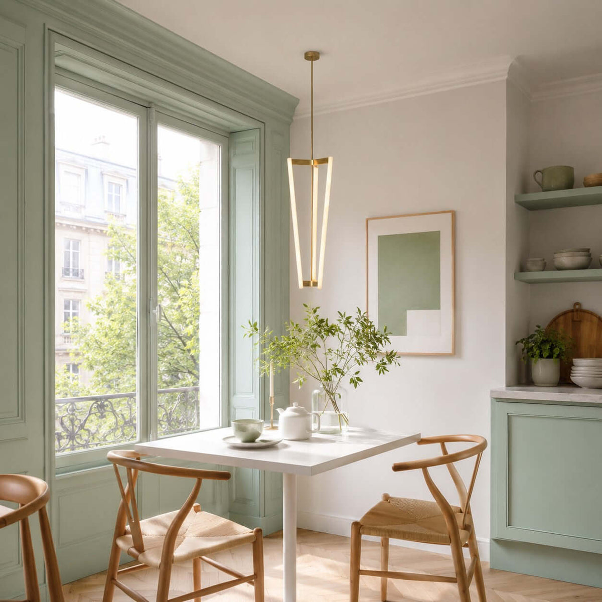 Next to a sage-green window frame and a white table, this Clérachic pendant glows with three slim tubes on a brass rod.