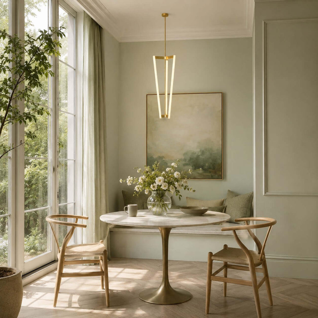 In a pale green dining corner with a marble table and wishbone chairs, this Clérachic pendant glows on a brass rod.
