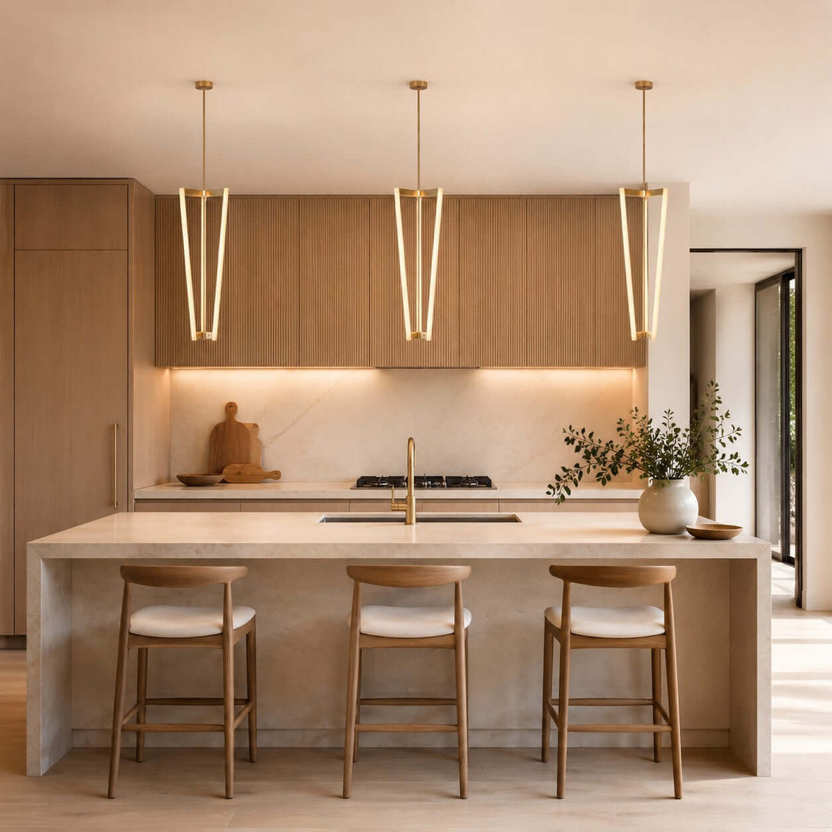 Three Clérachic pendants hang in a line above a stone kitchen island with oak cabinets and three wooden stools beneath.