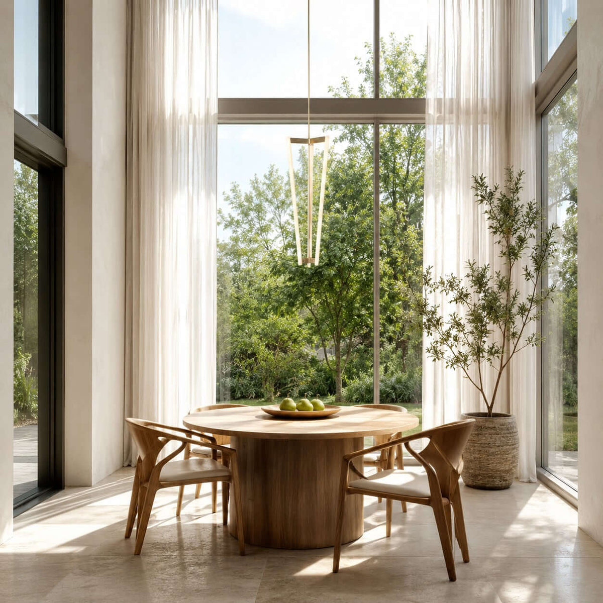 Seen against tall glass doors and sheer curtains, this Clérachic pendant hangs above a round wooden table and curved chairs.