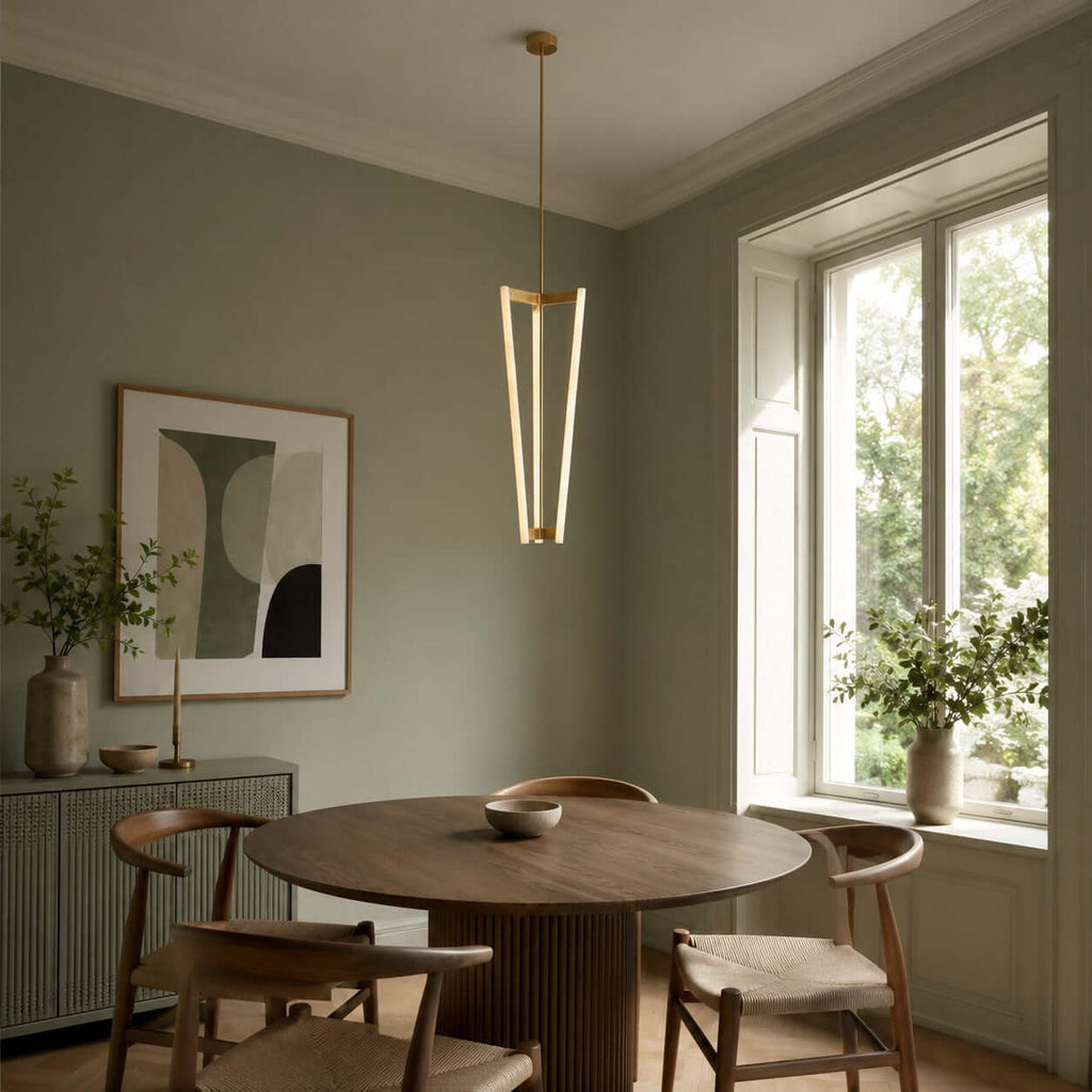 In a sage-green dining room with a round table and wishbone chairs, this Clérachic pendant glows beside a tall sash window.