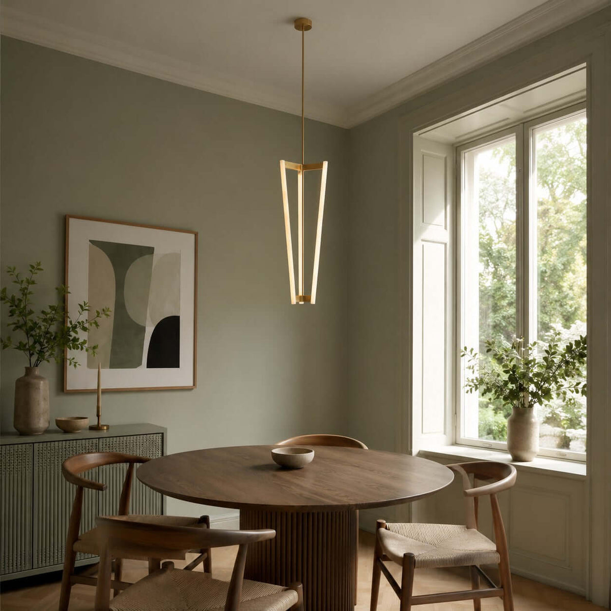 In a sage-green dining room with a round table and wishbone chairs, this Clérachic pendant glows beside a tall sash window.