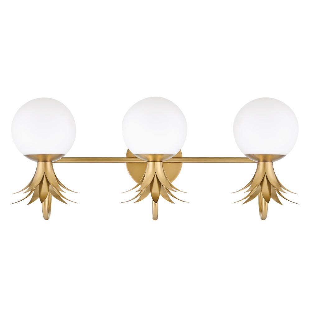 Three-light Clérachic wall light shown with the opal globes above the brass leaf crowns, in a cut-out view on white.