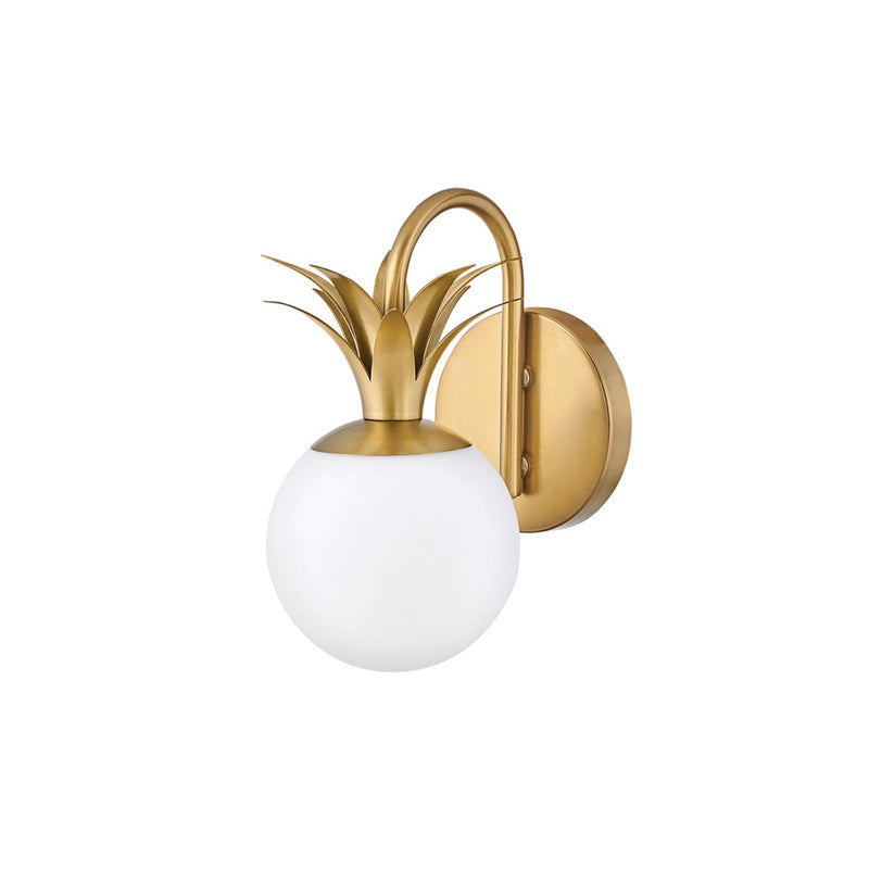 Cut-out view of the single-light version of this Clérachic wall light, with a white globe, brass leaf crown and round backplate.