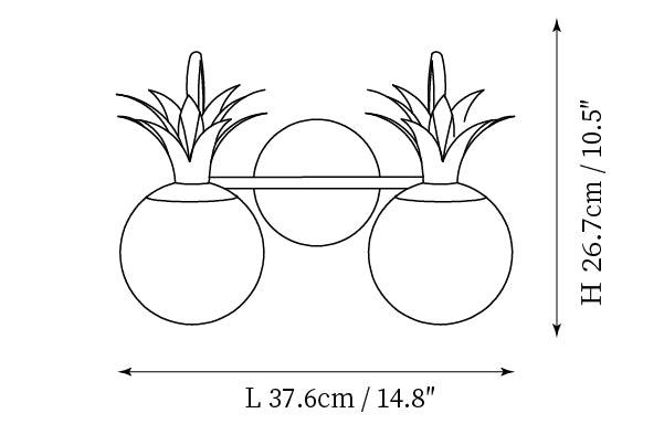 Dimension drawing of this Clérachic wall light in its two-light size, with its height and width marked.