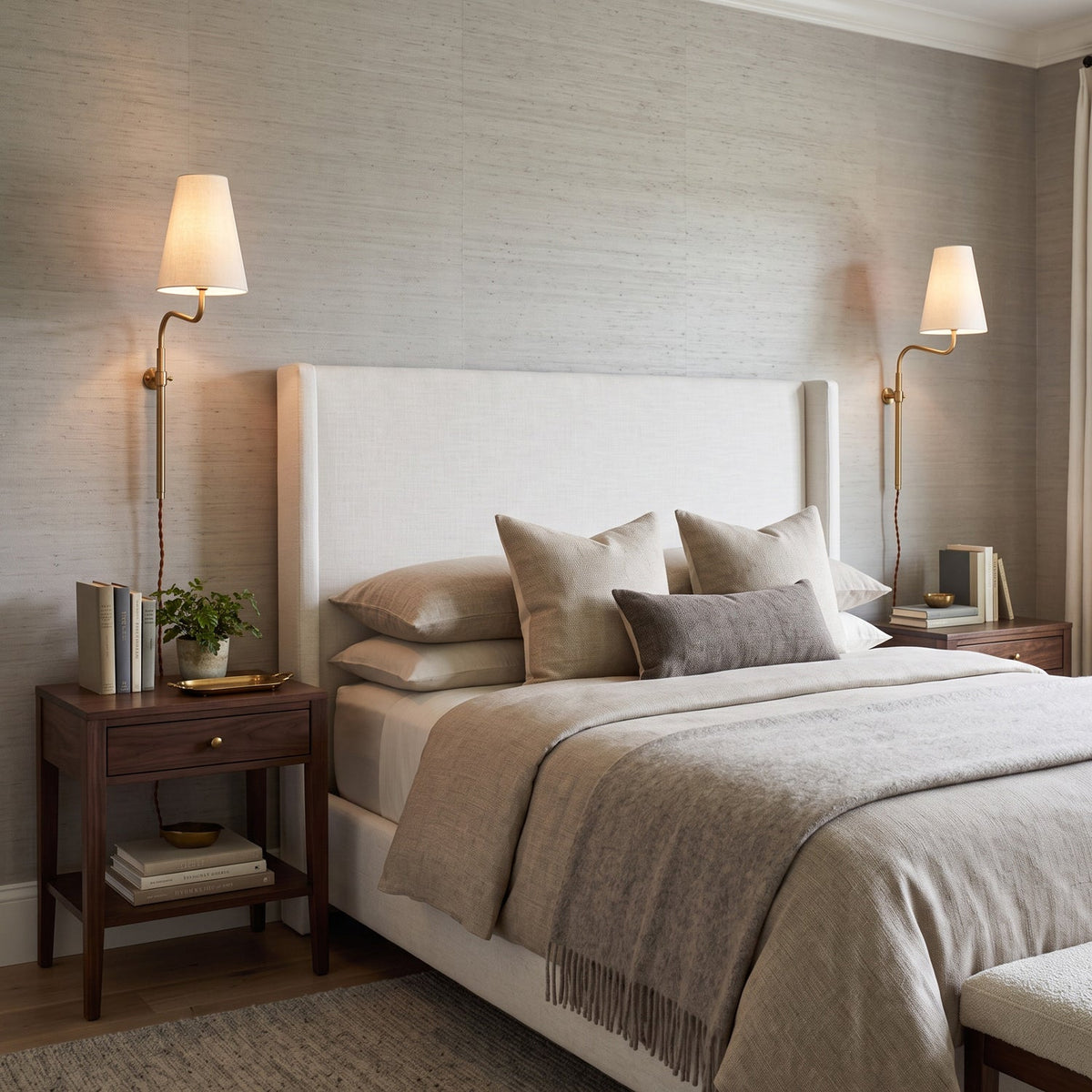 Two lit Clérachic wall lights with brass arms flank a white upholstered headboard in a bedroom with grey bedding.