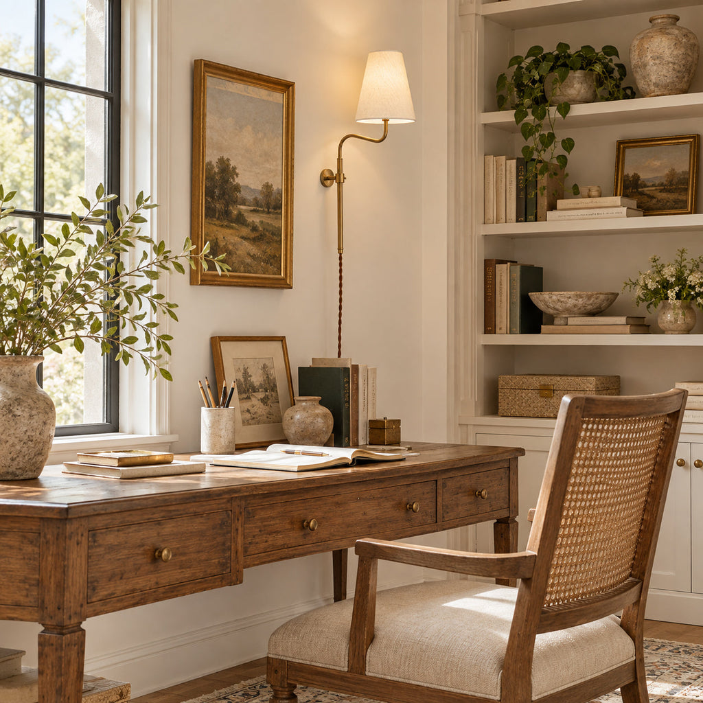 Above a wooden desk with a cane chair, a Clérachic brass wall light glows beside a framed landscape and built-in shelves.