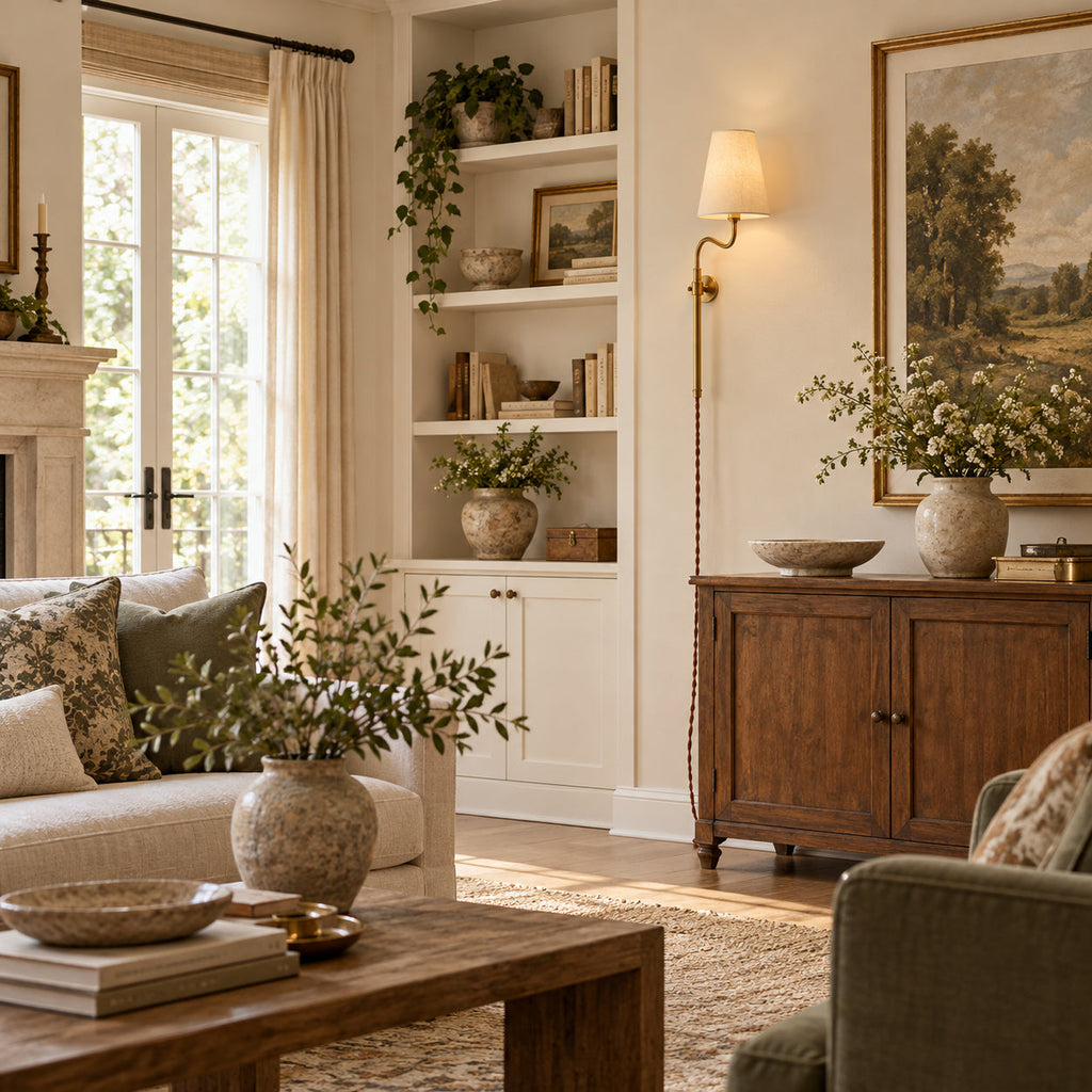 In a living room with built-in shelves and a framed landscape, a Clérachic wall light with a white shade hangs above a sideboard.